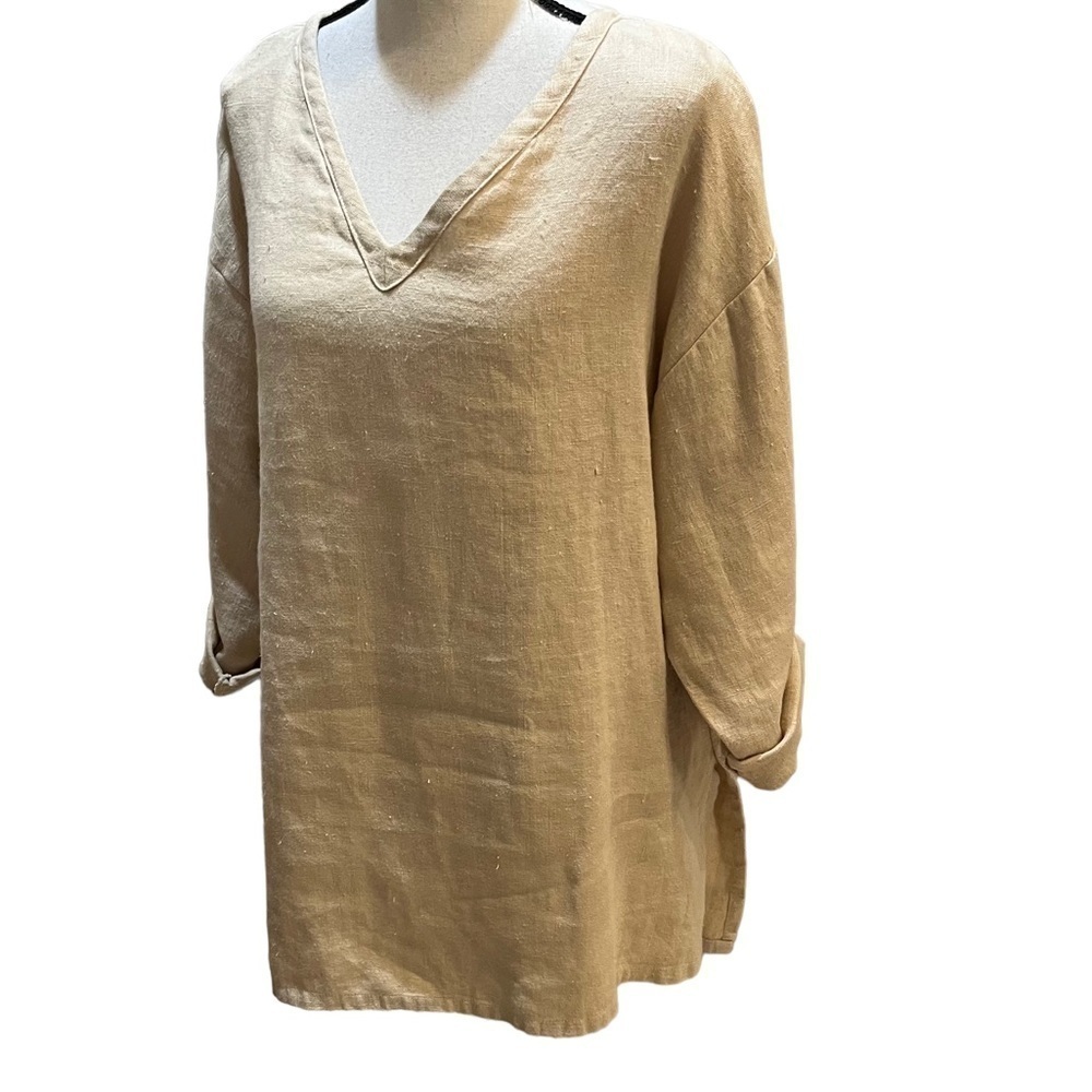 Heart’s Desire by Mary Grace Beige 100% Linen V-Neck Tunic Top Side Slits Sz S